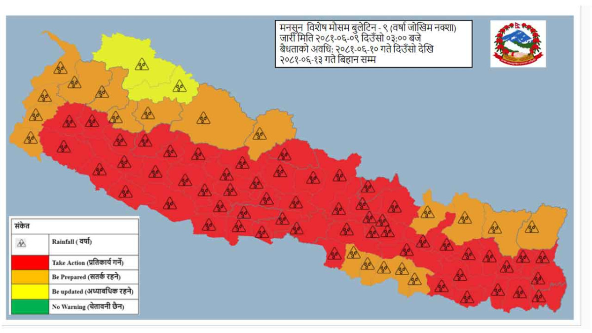 वर्षाले १४ स्थानमा चेतावनीको तह पार